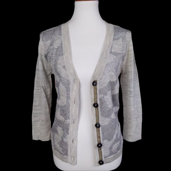 NWT BKE Boutique 93% Wool Cardigan Sweater Size L Gray Silver Metallic Thin Knit - Picture 3 of 9